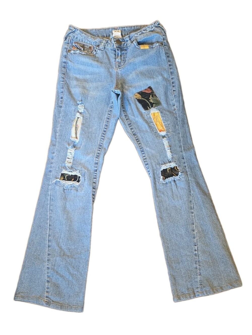 Vtg Y2k Cache Patchwork Denim Jeans Light Wash Sz 6 Bootcut Flare Floral Boho
